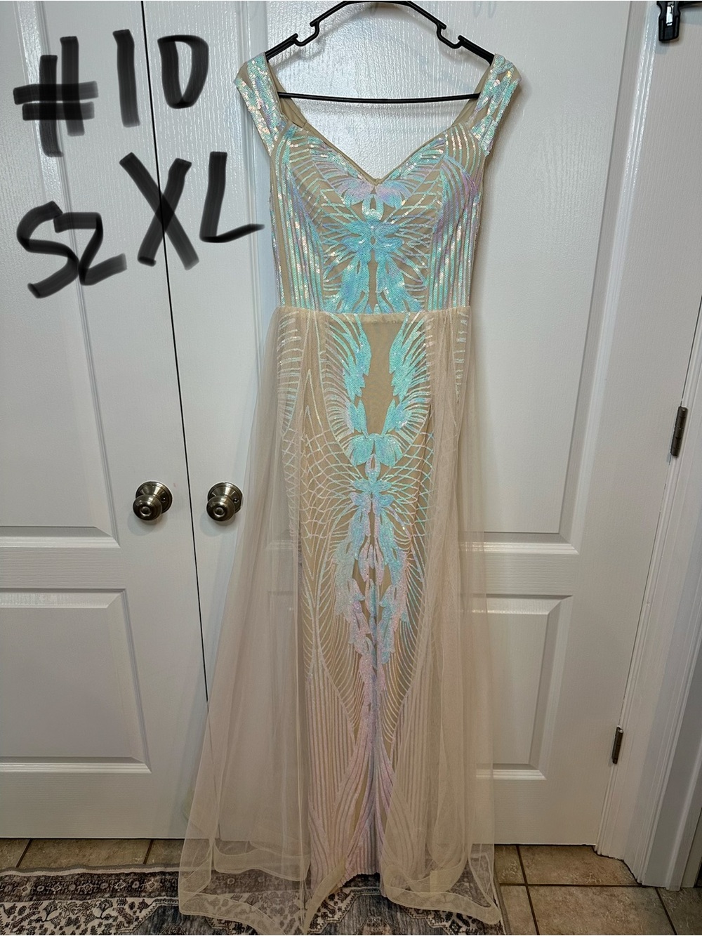 Elegant Beaded Illusion Evening Gown in Nude with Iridescent Aqua Embroidery